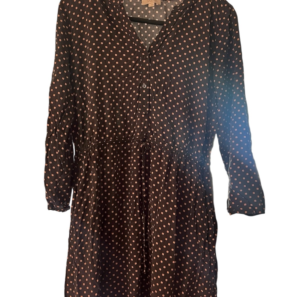 LOFT Black Long Sleeve Dress with coral square Dots, lightweight dress